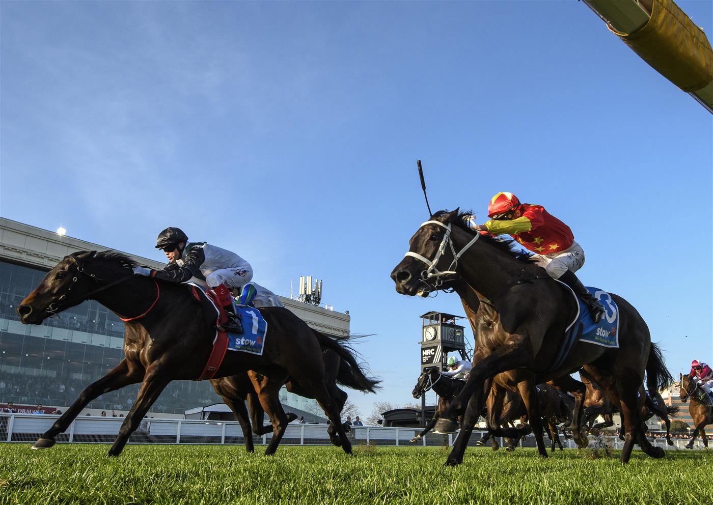 MELBOURNE, AUSTRALIA - SEPTEMBER 02: Craig Williams riding Mr Brightside defeats Blake Shinn riding Princess Grace (r) in Race 9, the Stow Storage Memsie Stakes, during Melbourne Racing at Caulfield Racecourse on September 02, 2023 in Melbourne, Australia. (Photo by Vince Caligiuri/Getty Images)