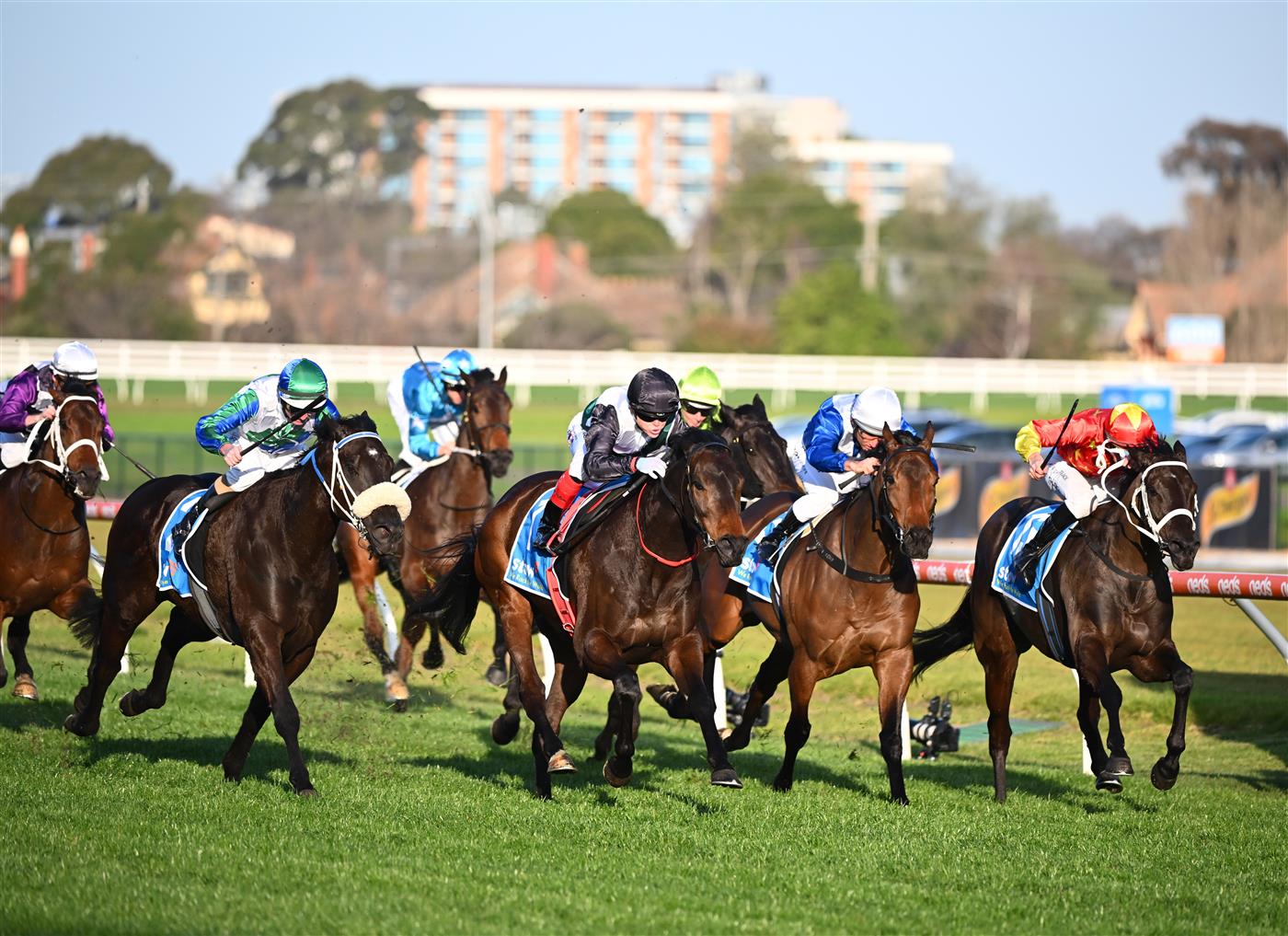 MELBOURNE, AUSTRALIA - SEPTEMBER 02: Craig Williams riding Mr Brightside defeats Blake Shinn riding Princess Grace (r) and Luke Nolen riding I Wish I Win (L in Race 9, the Stow Storage Memsie Stakes, during Melbourne Racing at Caulfield Racecourse on September 02, 2023 in Melbourne, Australia. (Photo by Vince Caligiuri/Getty Images)