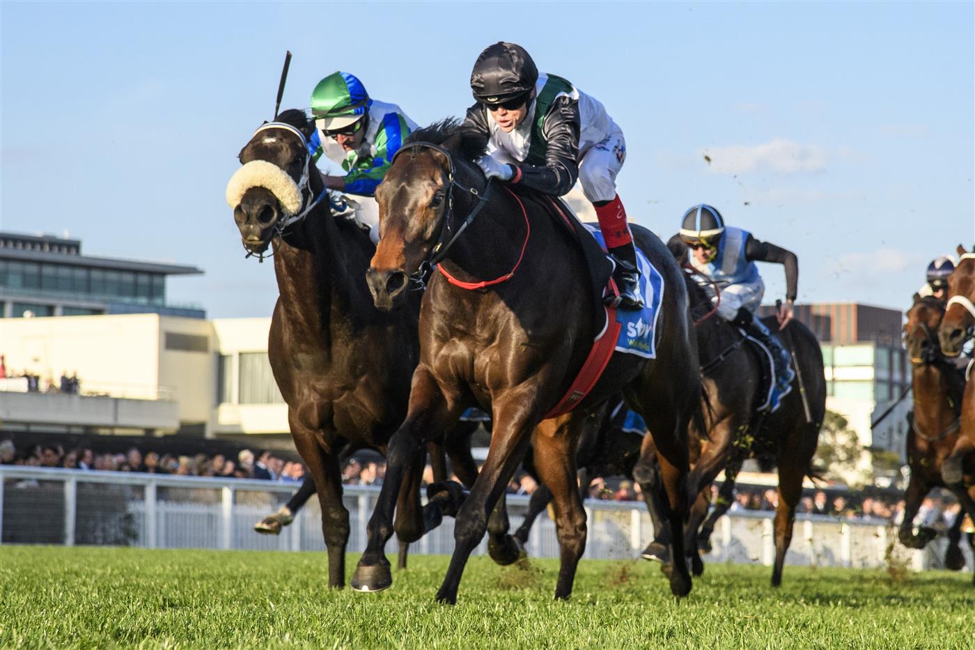 MELBOURNE, AUSTRALIA - SEPTEMBER 02: Craig Williams riding Mr Brightside defeats Luke Nolen riding I Wish I Win (3rd place) in Race 9, the Stow Storage Memsie Stakes, during Melbourne Racing at Caulfield Racecourse on September 02, 2023 in Melbourne, Australia. (Photo by Vince Caligiuri/Getty Images)