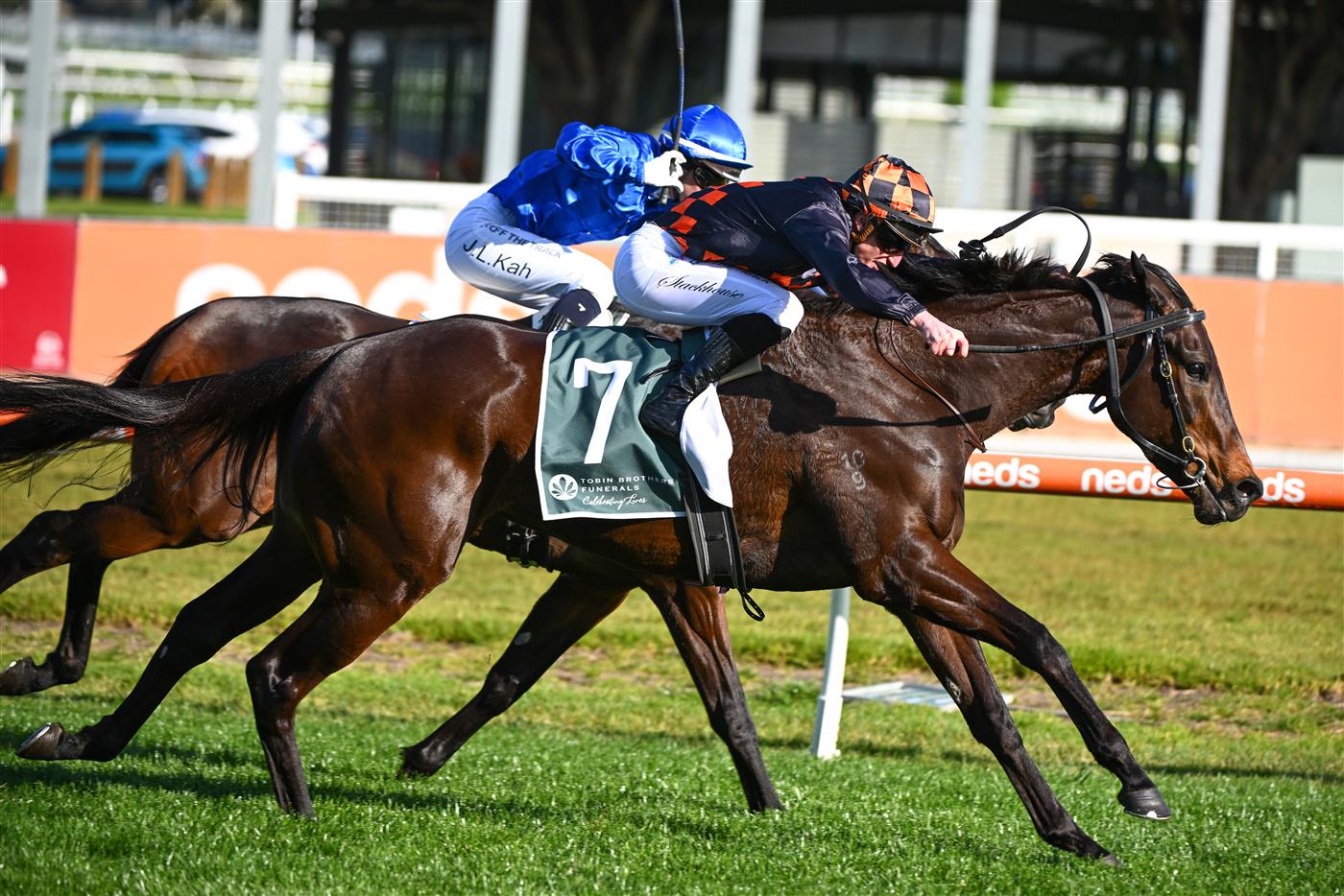 MELBOURNE, AUSTRALIA - SEPTEMBER 02: Daniel Stackhouse riding Benedetta winning Race 7, the Tobin Brothers Cockram Stakes,  during Melbourne Racing at Caulfield Racecourse on September 02, 2023 in Melbourne, Australia. (Photo by Vince Caligiuri/Getty Images)