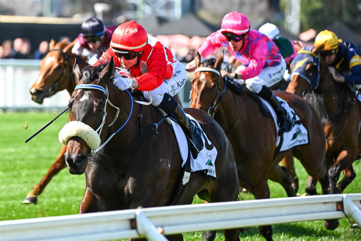 MELBOURNE, AUSTRALIA - SEPTEMBER 02: Jamie Kah riding Nunthorpe winning Race 3, the Fierce Impact - Pedigree Performance, during Melbourne Racing at Caulfield Racecourse on September 02, 2023 in Melbourne, Australia. (Photo by Vince Caligiuri/Getty Images)