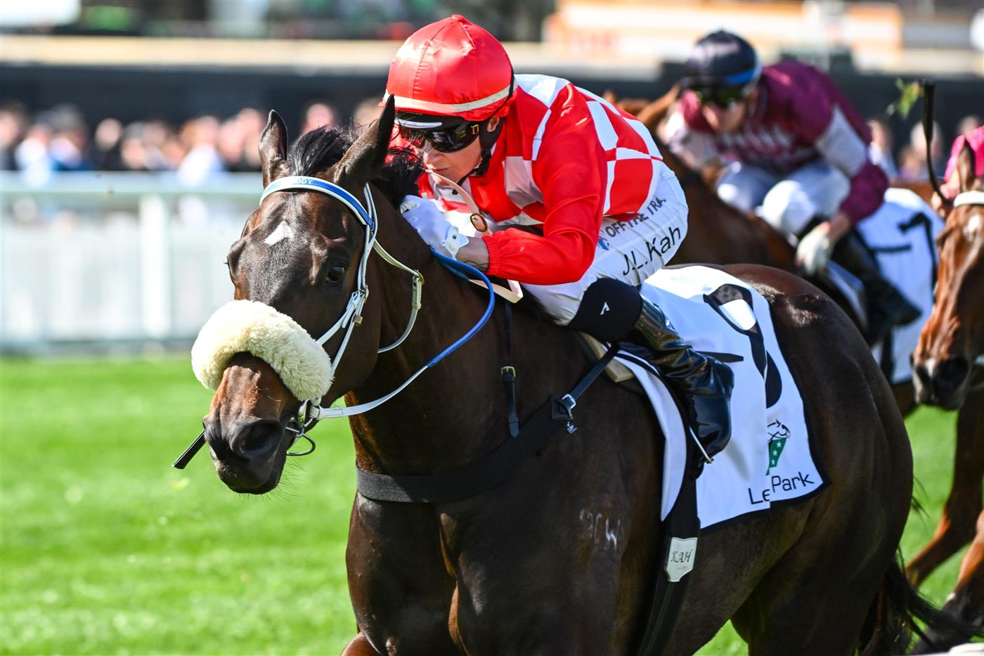 MELBOURNE, AUSTRALIA - SEPTEMBER 02: Jamie Kah riding Nunthorpe winning Race 3, the Fierce Impact - Pedigree Performance, during Melbourne Racing at Caulfield Racecourse on September 02, 2023 in Melbourne, Australia. (Photo by Vince Caligiuri/Getty Images)