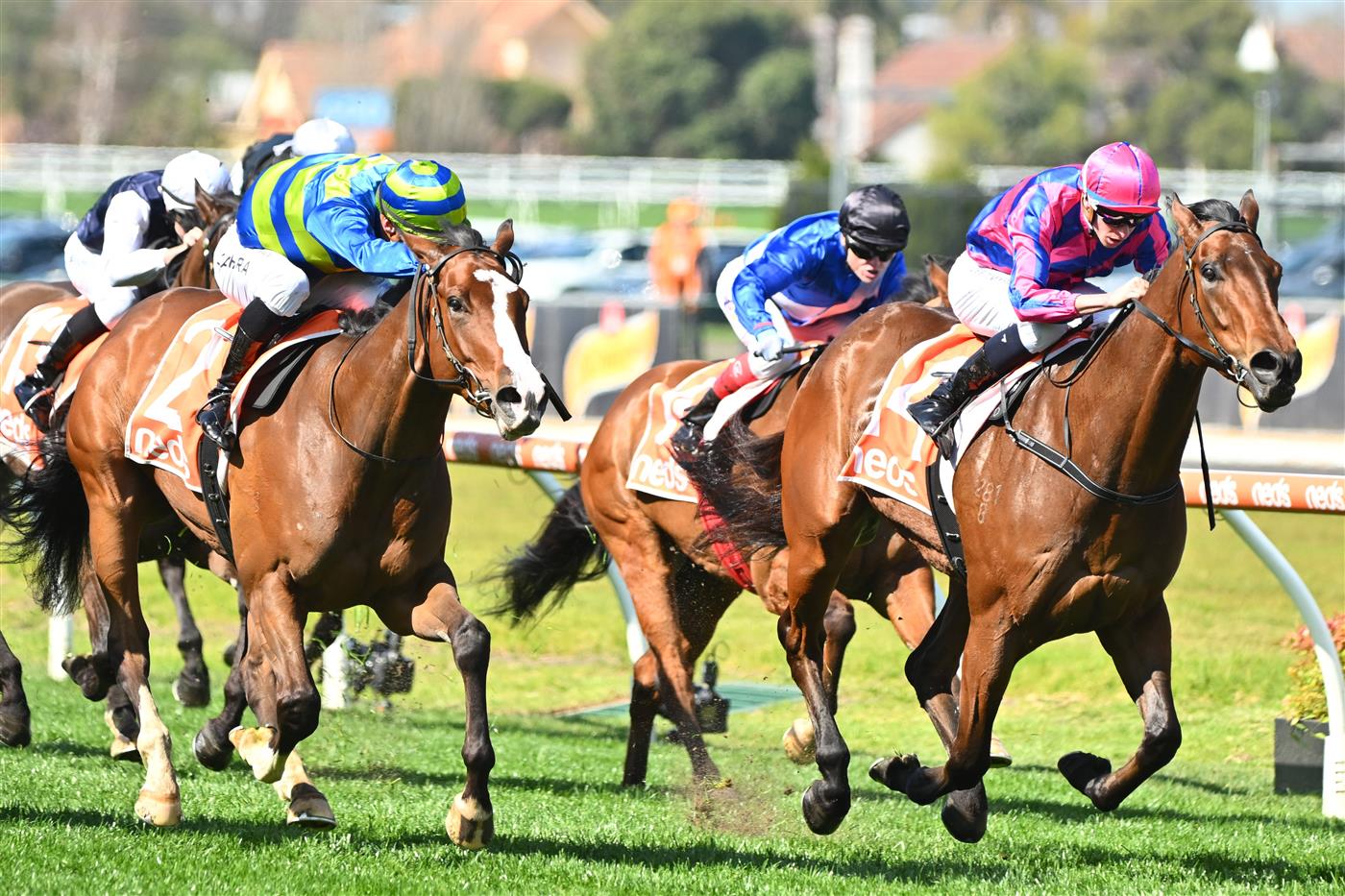 MELBOURNE, AUSTRALIA - SEPTEMBER 02: Michael Dee riding Rheinberg defeats Chorlton Lane (L) in Race 2, the Changing Places Real Estate Handicap,  during Melbourne Racing at Caulfield Racecourse on September 02, 2023 in Melbourne, Australia. (Photo by Vince Caligiuri/Getty Images)