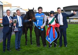 MELBOURNE, AUSTRALIA - SEPTEMBER 02: Trainers Will Hayes, JD Hayes and Ben Hayes pose with Mr Brightside after winning in Race 9, the Stow Storage Memsie Stakes, during Melbourne Racing at Caulfield Racecourse on September 02, 2023 in Melbourne, Australia. (Photo by Vince Caligiuri/Getty Images)