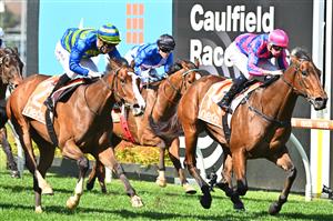 MELBOURNE, AUSTRALIA - SEPTEMBER 02: Michael Dee riding Rheinberg defeats Chorlton Lane (L) in Race 2, the Changing Places Real Estate Handicap,  during Melbourne Racing at Caulfield Racecourse on September 02, 2023 in Melbourne, Australia. (Photo by Vince Caligiuri/Getty Images)