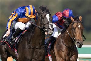 DUBLIN, IRELAND - SEPTEMBER 09: Ryan Moore riding Auguste Rodin (orange/blue) win The Royal Bahrain Irish Champion Stakes from Seamie Heffernan and Luxembourg (red/blue) at Leopardstown Racecourse on September 09, 2023 in Dublin, Ireland. (Photo by Alan Crowhurst/Getty Images)