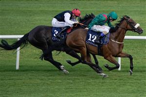 DUBLIN, IRELAND - SEPTEMBER 09: Chris Hayes riding Tahiyra (green) win The Coolmore America