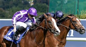 DUBLIN, IRELAND - SEPTEMBER 09: Ryan Moore riding Diego Velazquez (purple/white) win The KPMG Champions Juvenile Stakes from Seamie Heffernan and Capulet (dark blue) at Leopardstown Racecourse on September 09, 2023 in Dublin, Ireland. (Photo by Alan Crowhurst/Getty Images)