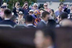 DUBLIN, IRELAND - SEPTEMBER 09: Ryan Moore after riding Auguste Rodin to win The Royal Bahrain Irish Champion Stakes at Leopardstown Racecourse on September 09, 2023 in Dublin, Ireland. (Photo by Alan Crowhurst/Getty Images)