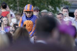 DUBLIN, IRELAND - SEPTEMBER 09: Ryan Moore after riding Auguste Rodin to win The Royal Bahrain Irish Champion Stakes at Leopardstown Racecourse on September 09, 2023 in Dublin, Ireland. (Photo by Alan Crowhurst/Getty Images)