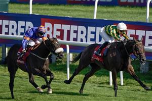 DONCASTER, ENGLAND - SEPTEMBER 15: Mark Winn riding Legendary Day (R) win The Betfred Mallard Handicap at Doncaster Racecourse on September 15, 2023 in Doncaster, England. (Photo by Alan Crowhurst/Getty Images)