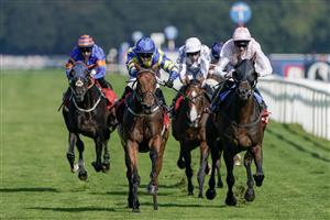 DONCASTER, ENGLAND - SEPTEMBER 15: Hollie Doyle riding Trueshan (blue/yellow) win The Betfred Doncaster Cup Stakes at Doncaster Racecourse on September 15, 2023 in Doncaster, England. (Photo by Alan Crowhurst/Getty Images)