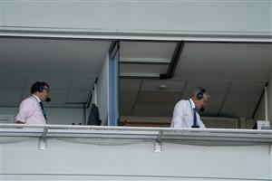 DONCASTER, ENGLAND - SEPTEMBER 16: ITV commentator, Richard Hoiles (L) and racecourse commentator Mike Cattermole (R) in position for the meeting at Doncaster Racecourse on September 16, 2023 in Doncaster, England. (Photo by Alan Crowhurst/Getty Images)