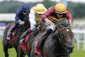 DONCASTER, ENGLAND - SEPTEMBER 16: Tom Marquand riding Iberian win The Betfred Champagne Stakes at Doncaster Racecourse on September 16, 2023 in Doncaster, England. (Photo by Alan Crowhurst/Getty Images)