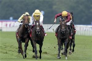 DONCASTER, ENGLAND - SEPTEMBER 16: Tom Marquand riding Iberian (maroon/yellow cap) win The Betfred Champagne Stakes at Doncaster Racecourse on September 16, 2023 in Doncaster, England. (Photo by Alan Crowhurst/Getty Images)