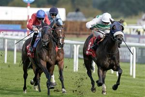 DONCASTER, ENGLAND - SEPTEMBER 16: Oisin Murphy riding Sandrine (white/green) win The Betfred Park Stakes at Doncaster Racecourse on September 16, 2023 in Doncaster, England. (Photo by Alan Crowhurst/Getty Images)