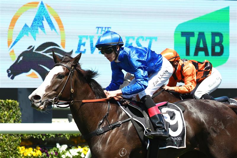SYDNEY, AUSTRALIA - OCTOBER 14: Zac Lloyd riding Sequestered wins Race 2 World Pool during Sydney Racing - TAB Everest Day at Royal Randwick Racecourse on October 14, 2023 in Sydney, Australia. (Photo by Jeremy Ng/Getty Images)