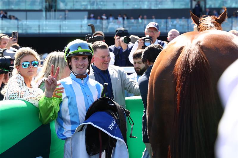 SYDNEY, AUSTRALIA - OCTOBER 14:  Tyler Schiller riding Front Page wins Race 5 The Kosciuszko during Sydney Racing - TAB Everest Day at Royal Randwick Racecourse on October 14, 2023 in Sydney, Australia. (Photo by Jeremy Ng/Getty Images)