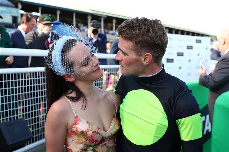 SYDNEY, AUSTRALIA - OCTOBER 14: Sam Clipperton celebrates with his wife Morgan Meyer-Clipperton after winning Race 7 The TAB Everest during Sydney Racing - TAB Everest Day at Royal Randwick Racecourse on October 14, 2023 in Sydney, Australia. (Photo by Jeremy Ng/Getty Images)