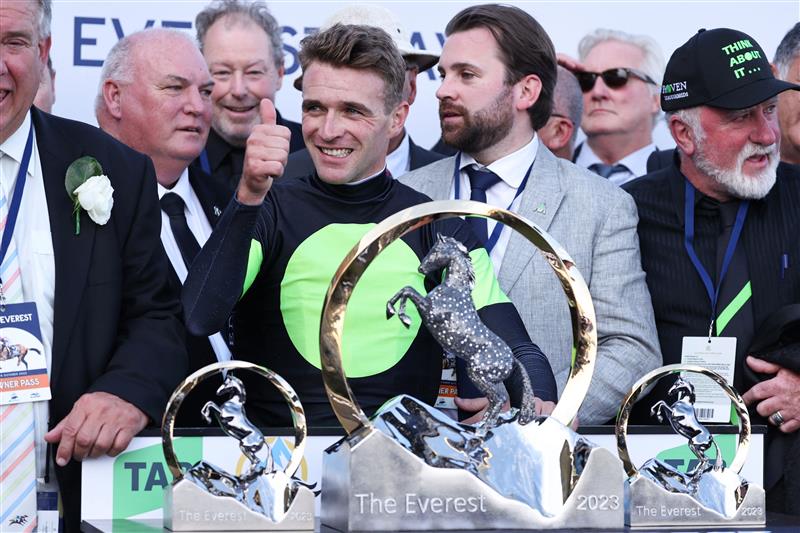 Jockey Sam Clipperton (C), rider of Australian sprinter Think About It, celebrates victory in The TAB Everest during Sydney Racing at Royal Randwick Racecourse on October 14, 2023 in Sydney, Australia. (Getty)