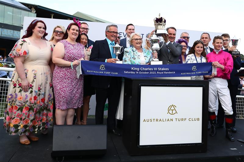 SYDNEY, AUSTRALIA - OCTOBER 14: Connections and trainers celebrate after James Mcdonald riding Fangirl  wins Race 9 King Charles III Stakes during Sydney Racing - TAB Everest Day at Royal Randwick Racecourse on October 14, 2023 in Sydney, Australia. (Photo by Jeremy Ng/Getty Images)