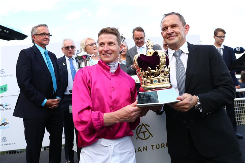 SYDNEY, AUSTRALIA - OCTOBER 14: James Mcdonald riding Fangirl  wins Race 9 King Charles III Stakes during Sydney Racing - TAB Everest Day at Royal Randwick Racecourse on October 14, 2023 in Sydney, Australia. (Photo by Jeremy Ng/Getty Images)