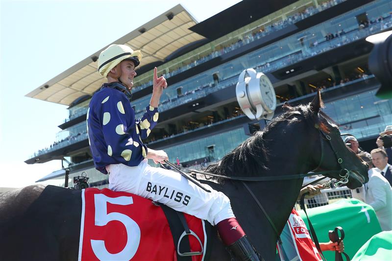 SYDNEY, AUSTRALIA - OCTOBER 14: Regan Bayliss riding Raf Attack wins Race 4 Toyota Forklift Gloaming Stakes during Sydney Racing - TAB Everest Day at Royal Randwick Racecourse on October 14, 2023 in Sydney, Australia. (Photo by Jeremy Ng/Getty Images)