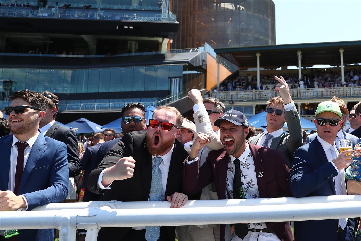 SYDNEY, AUSTRALIA - OCTOBER 14: Racegoers cheer in Race 1 Moet & Chandon St Leger Stakes during Sydney Racing - TAB Everest Day at Royal Randwick Racecourse on October 14, 2023 in Sydney, Australia. (Photo by Jeremy Ng/Getty Images)