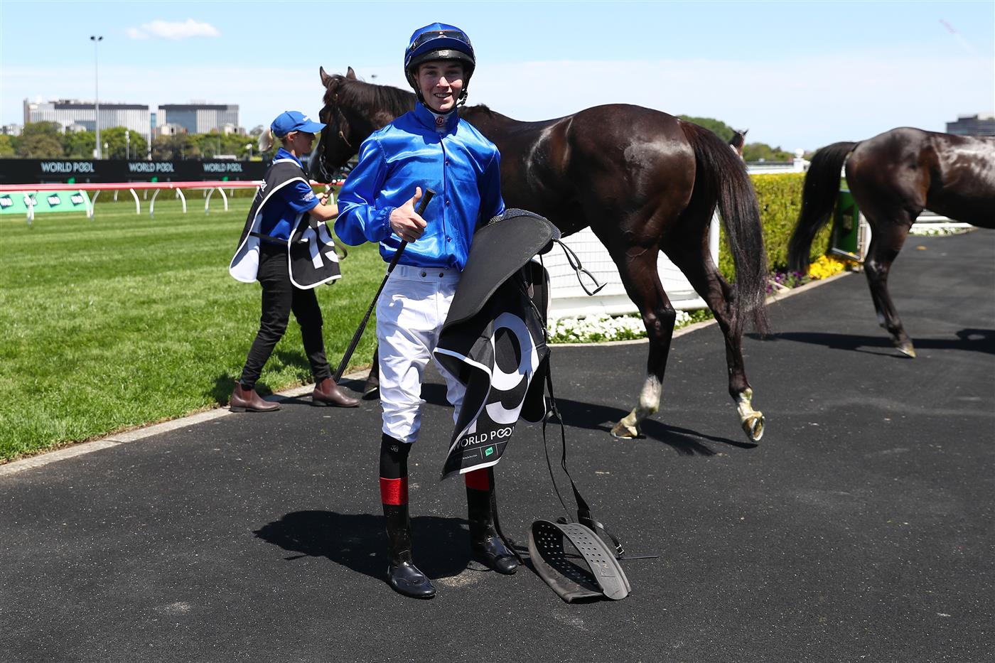 SYDNEY, AUSTRALIA - OCTOBER 14: Zac Lloyd riding Sequestered wins Race 2 World Pool during Sydney Racing - TAB Everest Day at Royal Randwick Racecourse on October 14, 2023 in Sydney, Australia. (Photo by Jeremy Ng/Getty Images)