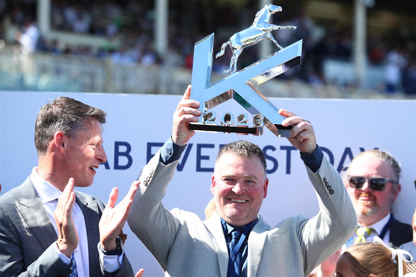 SYDNEY, AUSTRALIA - OCTOBER 14: Paul Duryea part owner of Front Page celebrates winning Race 5 The Kosciusko during Sydney Racing at Royal Randwick Racecourse on October 14, 2023 in Sydney, Australia. (Photo by Jason McCawley/Getty Images)