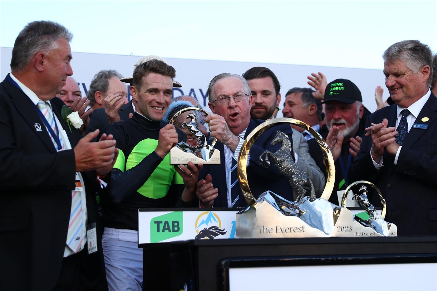 SYDNEY, AUSTRALIA - OCTOBER 14: Trainer Joe Pride celebrates after Sam Clipperton  wins Race 7 The TAB Everest during Sydney Racing - TAB Everest Day at Royal Randwick Racecourse on October 14, 2023 in Sydney, Australia. (Photo by Jeremy Ng/Getty Images)