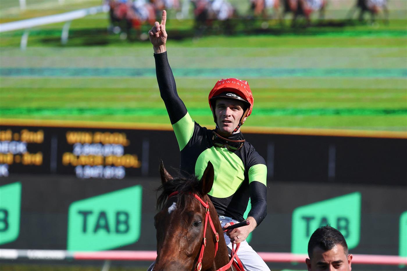 Jockey Sam Clipperton, rider of Australian sprinter Think About It, celebrates after winning the The TAB Everest during Sydney Racing at Royal Randwick Racecourse on October 14, 2023 in Sydney, Australia. (Getty)