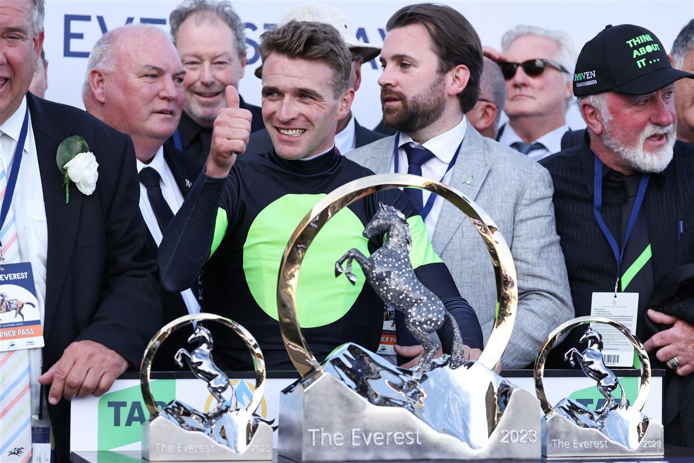Jockey Sam Clipperton (C), rider of Australian sprinter Think About It, celebrates victory in The TAB Everest during Sydney Racing at Royal Randwick Racecourse on October 14, 2023 in Sydney, Australia. (Getty)