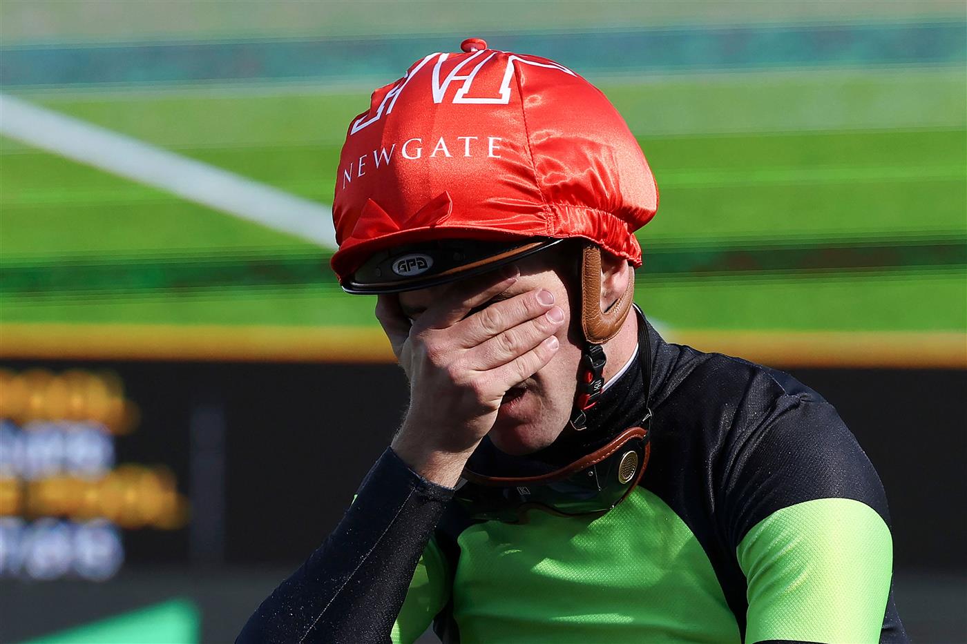 Jockey Sam Clipperton, rider of Australian sprinter Think About It, reacts after winning the The TAB Everest during Sydney Racing at Royal Randwick Racecourse on October 14, 2023 in Sydney, Australia. (Getty)