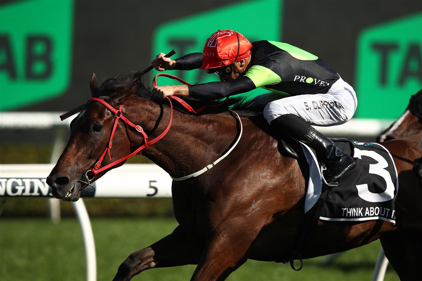 SYDNEY, AUSTRALIA - OCTOBER 14: Sam Clipperton riding Think About It wins Race 7 The TAB Everest during Sydney Racing at Royal Randwick Racecourse on October 14, 2023 in Sydney, Australia. (Photo by Jason McCawley/Getty Images)
