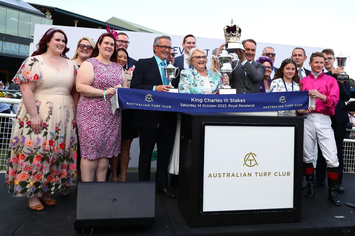 SYDNEY, AUSTRALIA - OCTOBER 14: Connections and trainers celebrate after James Mcdonald riding Fangirl  wins Race 9 King Charles III Stakes during Sydney Racing - TAB Everest Day at Royal Randwick Racecourse on October 14, 2023 in Sydney, Australia. (Photo by Jeremy Ng/Getty Images)
