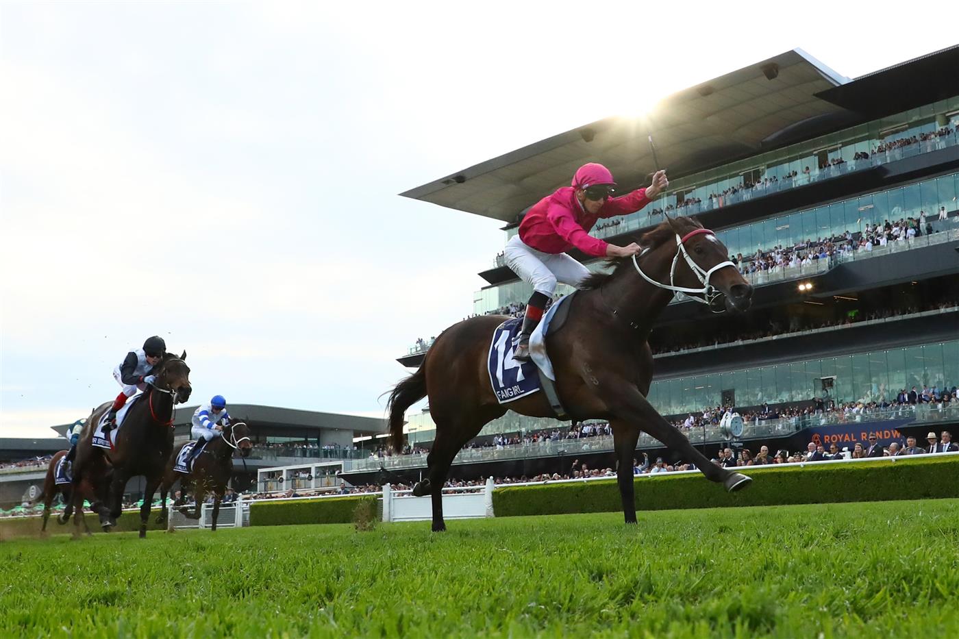 SYDNEY, AUSTRALIA - OCTOBER 14: James Mcdonald riding Fangirl  wins Race 9 King Charles III Stakes during Sydney Racing - TAB Everest Day at Royal Randwick Racecourse on October 14, 2023 in Sydney, Australia. (Photo by Jeremy Ng/Getty Images)