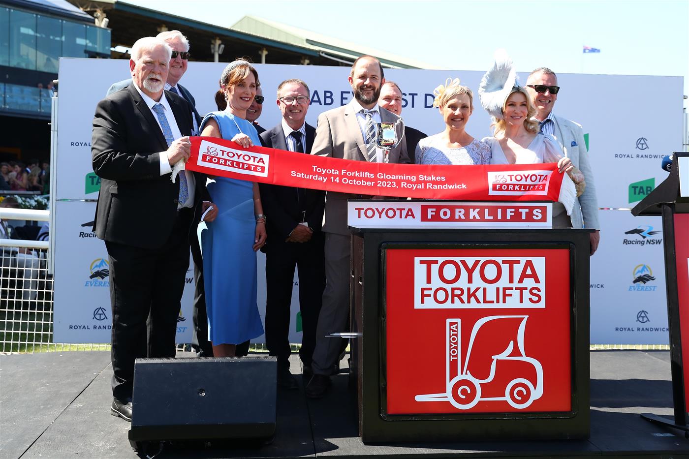 SYDNEY, AUSTRALIA - OCTOBER 14: Connection celebrate after Regan Bayliss riding Raf Attack wins Race 4 Toyota Forklift Gloaming Stakes during Sydney Racing - TAB Everest Day at Royal Randwick Racecourse on October 14, 2023 in Sydney, Australia. (Photo by Jeremy Ng/Getty Images)