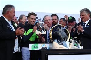 SYDNEY, AUSTRALIA - OCTOBER 14: Trainer Joe Pride celebrates after Sam Clipperton  wins Race 7 The TAB Everest during Sydney Racing - TAB Everest Day at Royal Randwick Racecourse on October 14, 2023 in Sydney, Australia. (Photo by Jeremy Ng/Getty Images)
