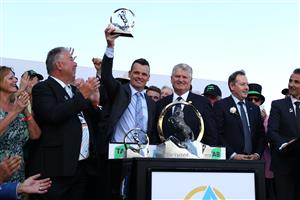 SYDNEY, AUSTRALIA - OCTOBER 14: Trainer Joe Pride celebrates after Sam Clipperton riding Think About It  wins Race 7 The TAB Everest during Sydney Racing - TAB Everest Day at Royal Randwick Racecourse on October 14, 2023 in Sydney, Australia. (Photo by Jeremy Ng/Getty Images)