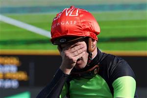 Jockey Sam Clipperton, rider of Australian sprinter Think About It, reacts after winning the The TAB Everest during Sydney Racing at Royal Randwick Racecourse on October 14, 2023 in Sydney, Australia. (Getty)