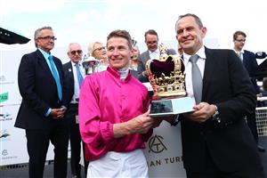 SYDNEY, AUSTRALIA - OCTOBER 14: James Mcdonald riding Fangirl  wins Race 9 King Charles III Stakes during Sydney Racing - TAB Everest Day at Royal Randwick Racecourse on October 14, 2023 in Sydney, Australia. (Photo by Jeremy Ng/Getty Images)