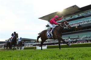SYDNEY, AUSTRALIA - OCTOBER 14: James Mcdonald riding Fangirl  wins Race 9 King Charles III Stakes during Sydney Racing - TAB Everest Day at Royal Randwick Racecourse on October 14, 2023 in Sydney, Australia. (Photo by Jeremy Ng/Getty Images)