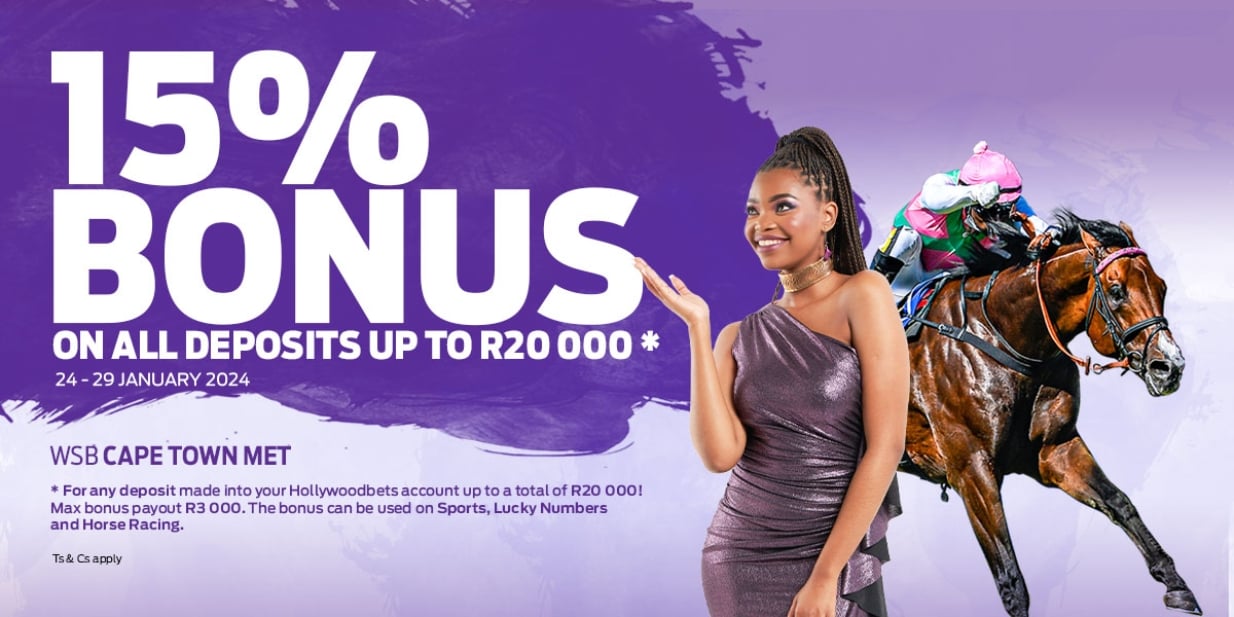 Hollywoodbets Bonus - 15% bonus on all deposits up to R20k