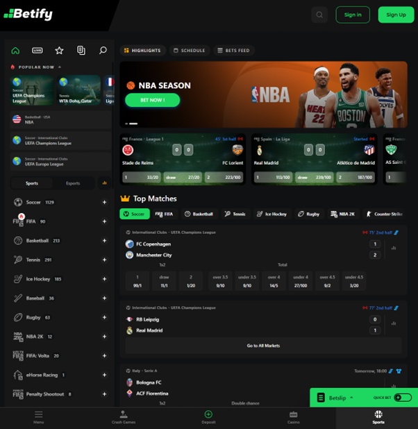 Interface do Betify Sportsbook