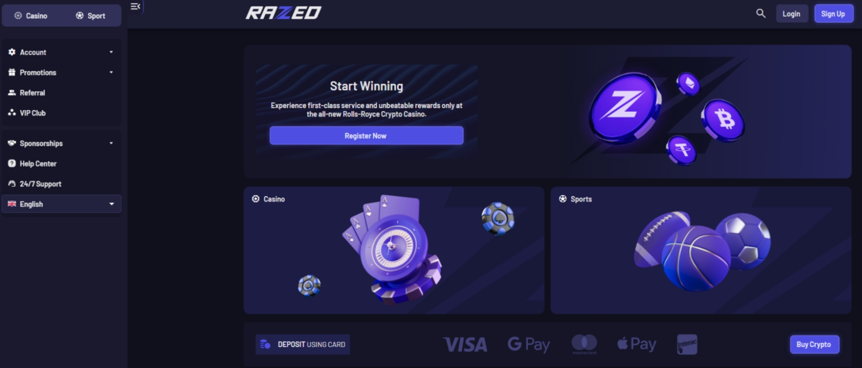 Razed Casino Login Interface