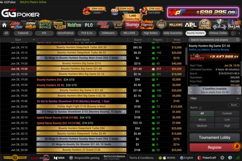 Lobby łowców nagród GG Poker GG Poker Bounty Hunters Lobby