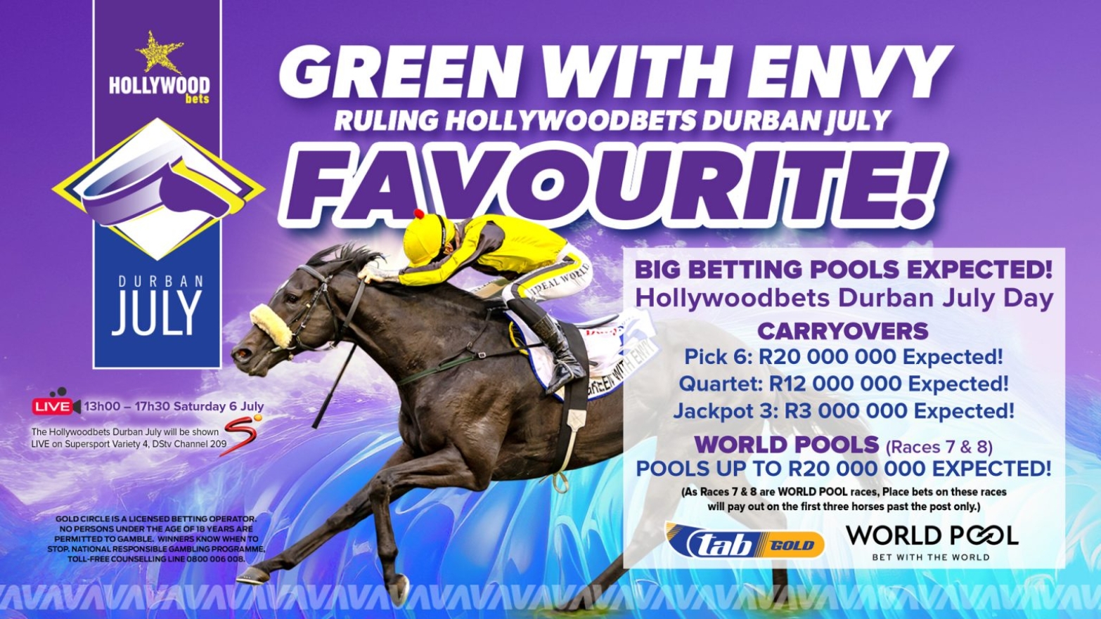 Hollywoodbet Pick 6 Bet R2m prize pool today for the Durban July 2024