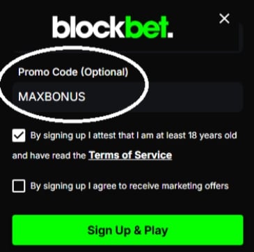 Voorbeeld van een promo code bonusscherm bij online casino's