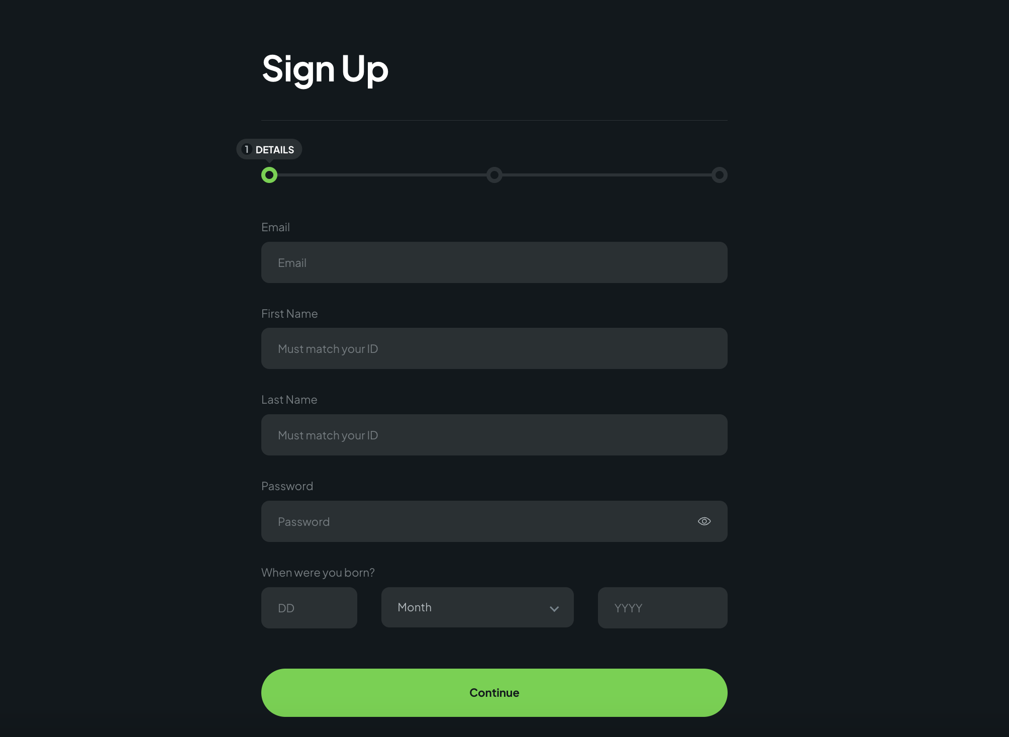 Esempio di interfaccia di registrazione per casinò online